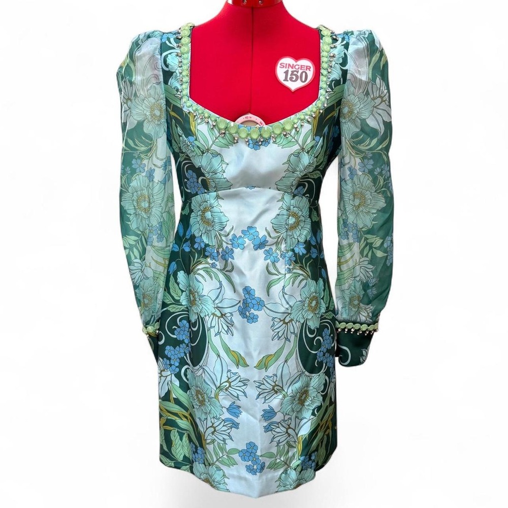 Boston Proper Organza Puff-Sleeve Embellished Floral Shift Dress Size 4 NWT